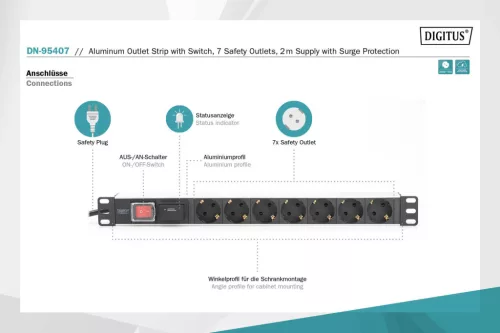 DIGITUS DN-95407 19" 1U PDU 7xCEE 7/3 schuko aljzat CEE7/7 csatlakozó 2m túlfeszültségvédett elosztósor