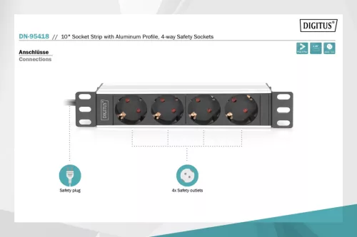 DIGITUS DN-95418 10" 1U PDU 230V 16A 4x Schuko aljzat CEE7/7 csatlakozó hálózati 2m elosztósor