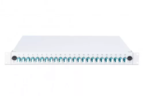DIGITUS DN-96332/3 19" 1U 24xLC duplex OM3 toldóval pigtaillel és kötőkazettával szerelt optikai patch panel