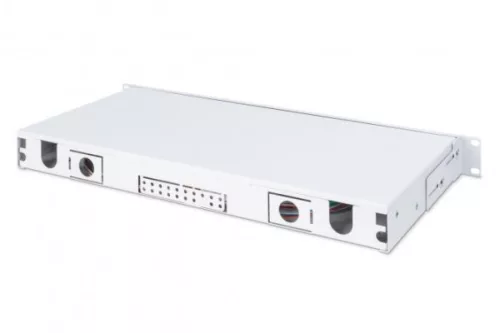 DIGITUS DN-96332-4 19" 1U 24xLC duplex OM4 toldóval pigtaillel és kötőkazettával szerelt optikai patch panel