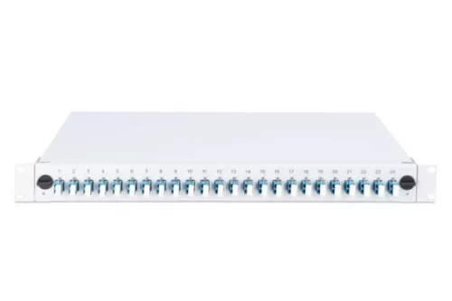 DIGITUS DN-96332-4 19" 1U 24xLC duplex OM4 toldóval pigtaillel és kötőkazettával szerelt optikai patch panel