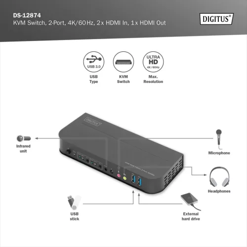 DIGITUS DS-12874 UHD 4K 60Hz 2 port HDMI KVM Switch