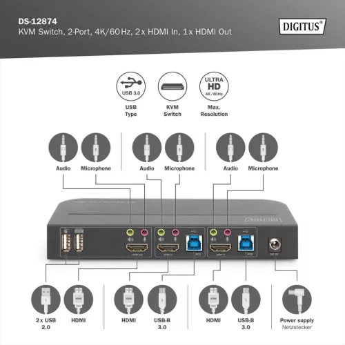 DIGITUS DS-12874 UHD 4K 60Hz 2 port HDMI KVM Switch