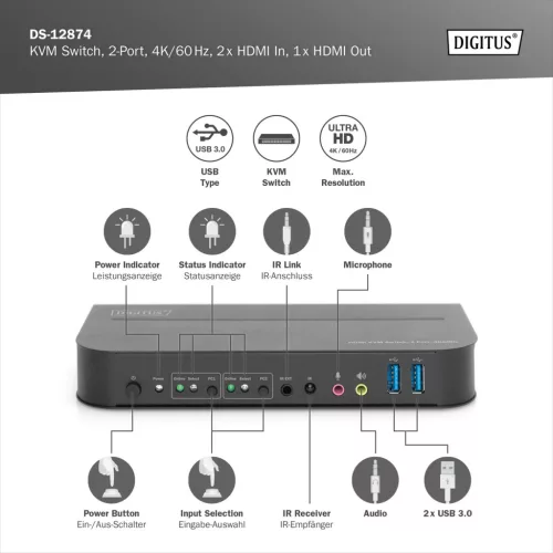 DIGITUS DS-12874 UHD 4K 60Hz 2 port HDMI KVM Switch
