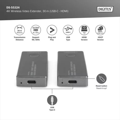 DIGITUS DS-55324 HDMI 4K 30Hz WiFi USB-C 30m extender szett