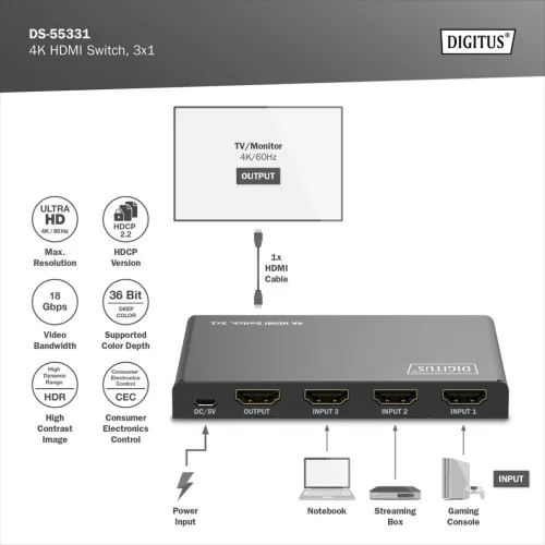 DIGITUS DS-55331 HDMI 4K 60Hz 3x1 Switch