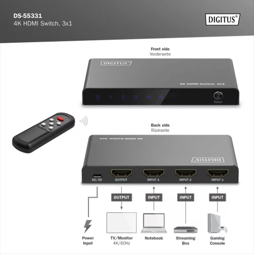 DIGITUS DS-55331 HDMI 4K 60Hz 3x1 Switch