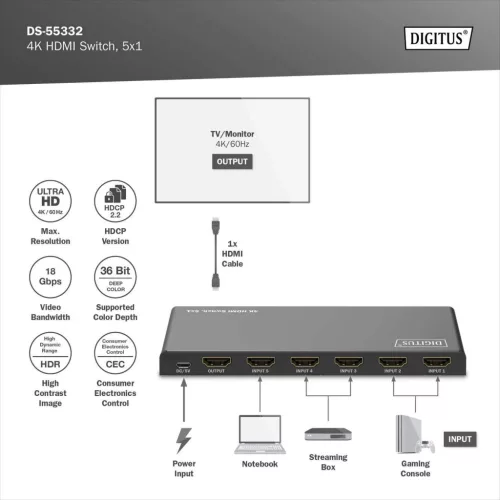 DIGITUS DS-55332 HDMI 4K 60Hz 5x1 Switch