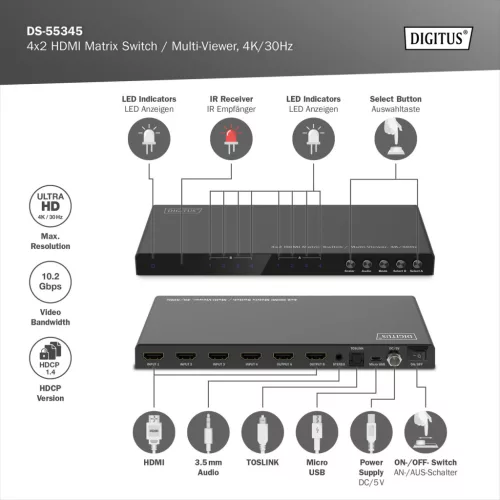 DIGITUS DS-55345 UHD 4K 30Hz 4x2 HDMI Multi Viewer Matrix Switch