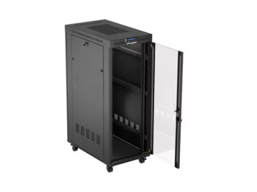 Lanberg FF01-6032-12BL 19" 32U SZÉL:600mm MÉLY:1000mm MAG:1676mm lapraszerelt LCD üvegajtós fekete szerver szekrény