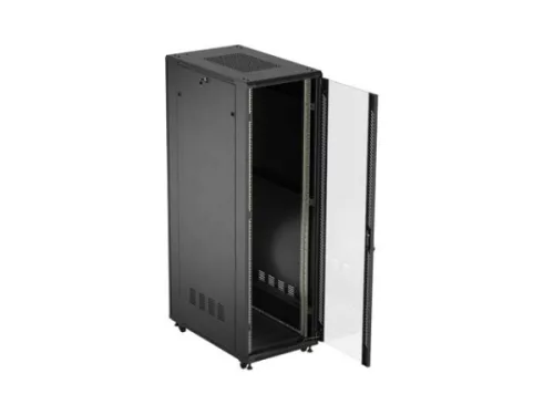 Lanberg FF01-6042-12B 19" 42U SZÉL:600mm MÉLY:1000mm MAG:2047mm lapraszerelt üvegajtós fekete szerver szekrény