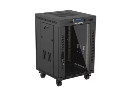 Lanberg FF01-6615-12BL 19" 15U SZÉL:600mm MÉLY:600mm MAG:928mm lapraszerelt LCD üvegajtós fekete álló rack szekrény