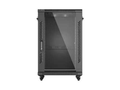 Lanberg FF01-6618-12B 19" 18U SZÉL:600mm MÉLY:600mm MAG:900mm lapraszerelt üvegajtós fekete álló rack szekrény