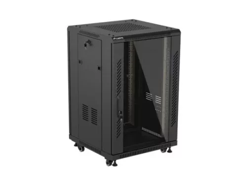 Lanberg FF01-6618-12B 19" 18U SZÉL:600mm MÉLY:600mm MAG:900mm lapraszerelt üvegajtós fekete álló rack szekrény