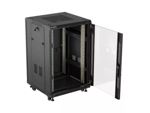 Lanberg FF01-6618-12B 19" 18U SZÉL:600mm MÉLY:600mm MAG:900mm lapraszerelt üvegajtós fekete álló rack szekrény