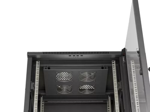 Lanberg FF01-6618-12B 19" 18U SZÉL:600mm MÉLY:600mm MAG:900mm lapraszerelt üvegajtós fekete álló rack szekrény