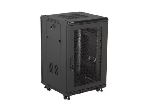 Lanberg FF01-6618-23B 19" 18U SZÉL:600mm MÉLY:600mm MAG:900mm lapraszerelt hálós fémajtós fekete álló rack szekrény