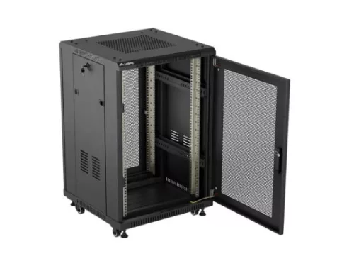 Lanberg FF01-6618-23B 19" 18U SZÉL:600mm MÉLY:600mm MAG:900mm lapraszerelt hálós fémajtós fekete álló rack szekrény