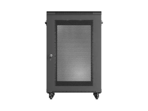 Lanberg FF01-6618-23B 19" 18U SZÉL:600mm MÉLY:600mm MAG:900mm lapraszerelt hálós fémajtós fekete álló rack szekrény