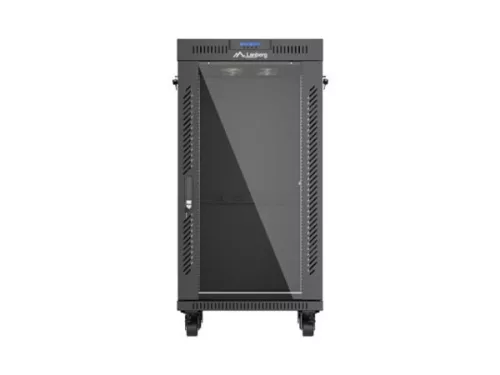 Lanberg FF01-6622-12BL 19" 22U SZÉL:600mm MÉLY:600mm MAG:1234mm lapraszerelt LCD üvegajtós fekete álló rack szekrény