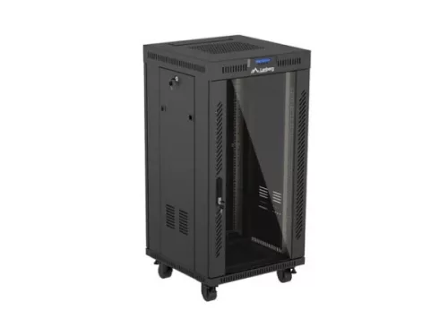 Lanberg FF01-6622-12BL 19" 22U SZÉL:600mm MÉLY:600mm MAG:1234mm lapraszerelt LCD üvegajtós fekete álló rack szekrény