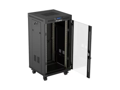 Lanberg FF01-6622-12BL 19" 22U SZÉL:600mm MÉLY:600mm MAG:1234mm lapraszerelt LCD üvegajtós fekete álló rack szekrény