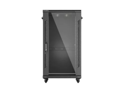 Lanberg FF01-6622-12B 19" 22U SZÉL:600mm MÉLY:600mm MAG:1159mm lapraszerelt üvegajtós fekete álló rack szekrény