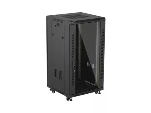 Lanberg FF01-6622-12B 19" 22U SZÉL:600mm MÉLY:600mm MAG:1159mm lapraszerelt üvegajtós fekete álló rack szekrény