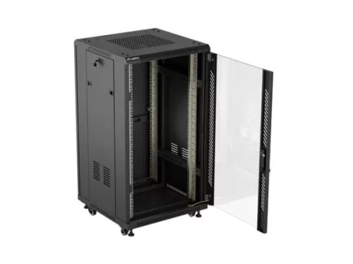 Lanberg FF01-6622-12B 19" 22U SZÉL:600mm MÉLY:600mm MAG:1159mm lapraszerelt üvegajtós fekete álló rack szekrény