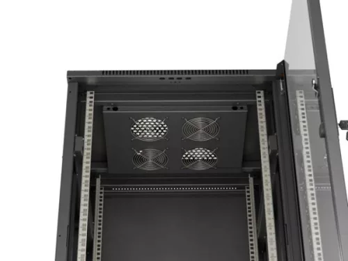Lanberg FF01-6622-12B 19" 22U SZÉL:600mm MÉLY:600mm MAG:1159mm lapraszerelt üvegajtós fekete álló rack szekrény