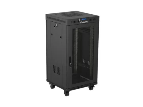 Lanberg FF01-6622-23BL 19" 22U SZÉL:600mm MÉLY:600mm MAG:1239mm lapraszerelt LCD hálós fémajtós fekete álló rack szekrény