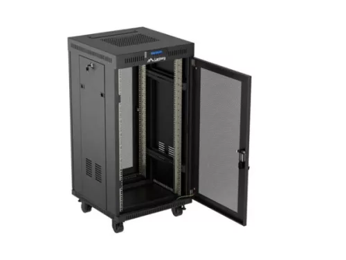 Lanberg FF01-6622-23BL 19" 22U SZÉL:600mm MÉLY:600mm MAG:1239mm lapraszerelt LCD hálós fémajtós fekete álló rack szekrény
