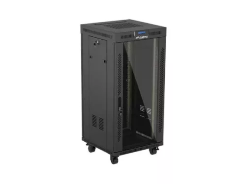 Lanberg FF01-6624-12BL 19" 24U SZÉL:600mm MÉLY:600mm MAG:1320mm lapraszerelt LCD üvegajtós fekete álló rack szekrény