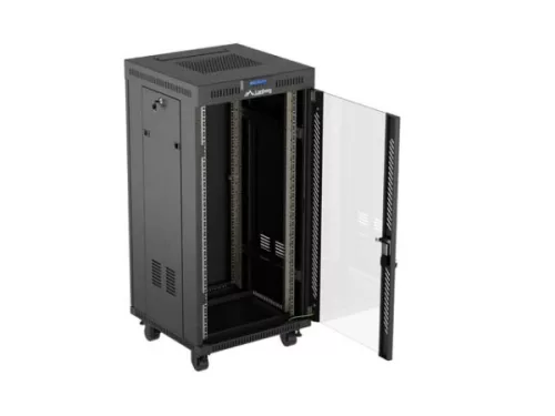 Lanberg FF01-6624-12BL 19" 24U SZÉL:600mm MÉLY:600mm MAG:1320mm lapraszerelt LCD üvegajtós fekete álló rack szekrény