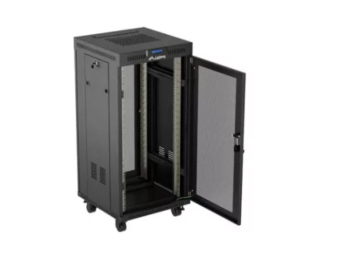 Lanberg FF01-6624-23BL 19" 24U SZÉL:600mm MÉLY:800mm MAG:1320mm lapraszerelt LCD hálós fémajtós fekete álló rack szekrény