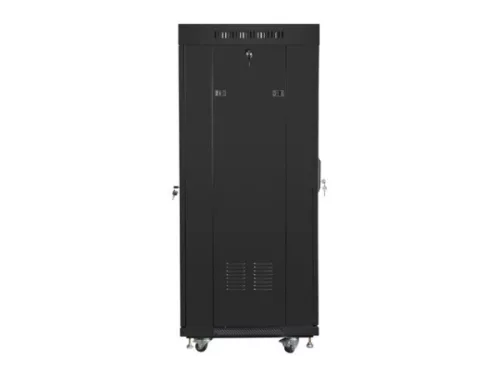 Lanberg FF01-6627-12BL 19" 27U SZÉL:600mm MÉLY:600mm MAG:1431mm lapraszerelt LCD üvegajtós fekete álló rack szekrény