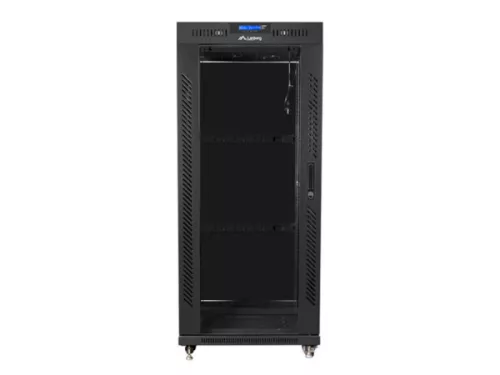 Lanberg FF01-6627-12BL 19" 27U SZÉL:600mm MÉLY:600mm MAG:1431mm lapraszerelt LCD üvegajtós fekete álló rack szekrény