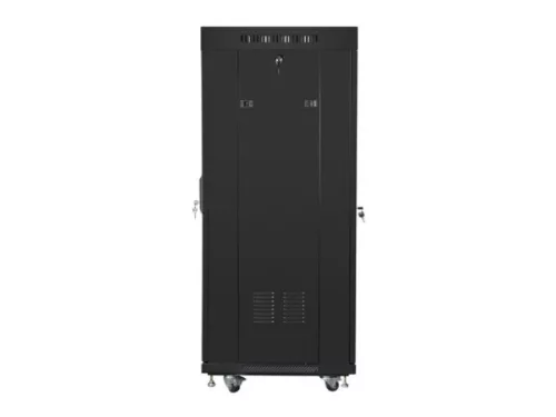 Lanberg FF01-6627-12BL 19" 27U SZÉL:600mm MÉLY:600mm MAG:1431mm lapraszerelt LCD üvegajtós fekete álló rack szekrény