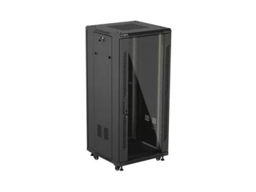 Lanberg FF01-6627-12B 19" 27U SZÉL:600mm MÉLY:600mm MAG:1381mm lapraszerelt üvegajtós fekete álló rack szekrény