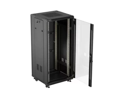 Lanberg FF01-6627-12B 19" 27U SZÉL:600mm MÉLY:600mm MAG:1381mm lapraszerelt üvegajtós fekete álló rack szekrény