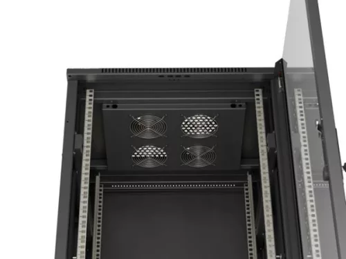Lanberg FF01-6627-12B 19" 27U SZÉL:600mm MÉLY:600mm MAG:1381mm lapraszerelt üvegajtós fekete álló rack szekrény