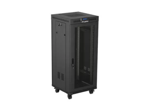 Lanberg FF01-6627-23BL 19" 27U SZÉL:600mm MÉLY:600mm MAG:1461mm lapraszerelt LCD hálós fémajtós fekete álló rack szekrény
