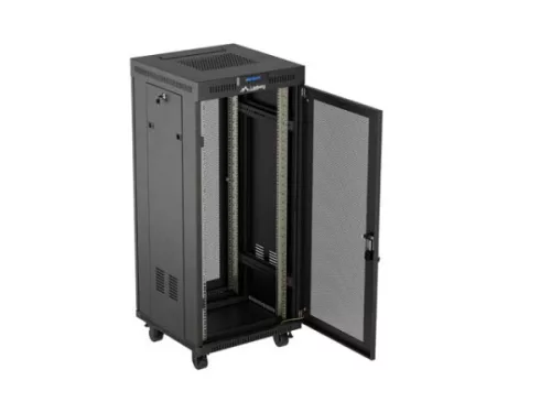 Lanberg FF01-6627-23BL 19" 27U SZÉL:600mm MÉLY:600mm MAG:1461mm lapraszerelt LCD hálós fémajtós fekete álló rack szekrény