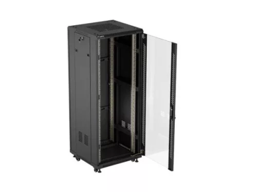 Lanberg FF01-6632-12B 19" 32U SZÉL:600mm MÉLY:600mm MAG:1603mm lapraszerelt üvegajtós fekete álló rack szekrény