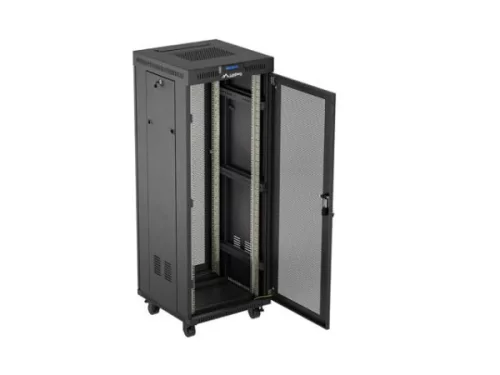 Lanberg FF01-6632-23BL 19" 32U SZÉL:600mm MÉLY:600mm MAG:1603mm lapraszerelt LCD hálós fémajtós fekete álló rack szekrény