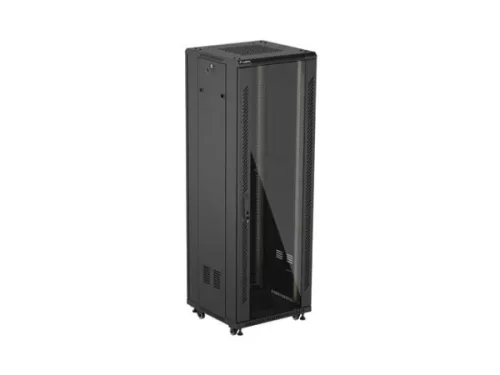 Lanberg FF01-6637-12B 19" 37U SZÉL:600mm MÉLY:600mm MAG:1826mm lapraszerelt üvegajtós fekete álló rack szekrény