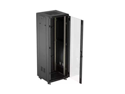 Lanberg FF01-6637-12B 19" 37U SZÉL:600mm MÉLY:600mm MAG:1826mm lapraszerelt üvegajtós fekete álló rack szekrény