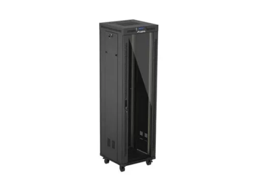 Lanberg FF01-6642-12BL 19" 42U SZÉL:600mm MÉLY:600mm MAG:2097mm lapraszerelt LCD üvegajtós fekete álló rack szekrény