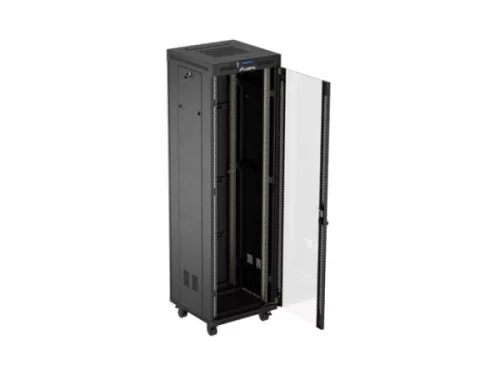 Lanberg FF01-6642-12BL 19" 42U SZÉL:600mm MÉLY:600mm MAG:2097mm lapraszerelt LCD üvegajtós fekete álló rack szekrény