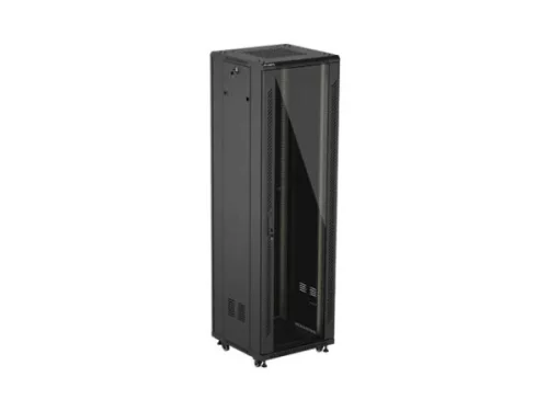 Lanberg FF01-6642-12B 19" 42U SZÉL:600mm MÉLY:600mm MAG:2047mm lapraszerelt üvegajtós fekete álló rack szekrény